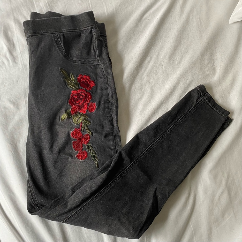 Black Jeans with Red Floral Embroidery